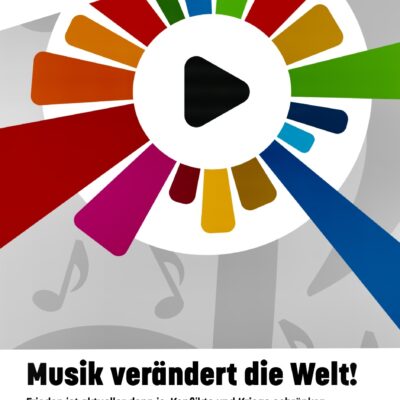 Poster for the Cologne Song Contest 2026-27 featuring a colorful play button, musical notes, and text promoting music’s power to unite. Includes a call to action and the Plan International logo at the bottom.