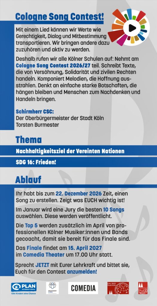 A German-language flyer for the Cologne Song Contest shows the contest logo, event details, theme of UN sustainability, and instructions for students to submit a song by December 22, 2026. Logos of supporting organizations are at the bottom.